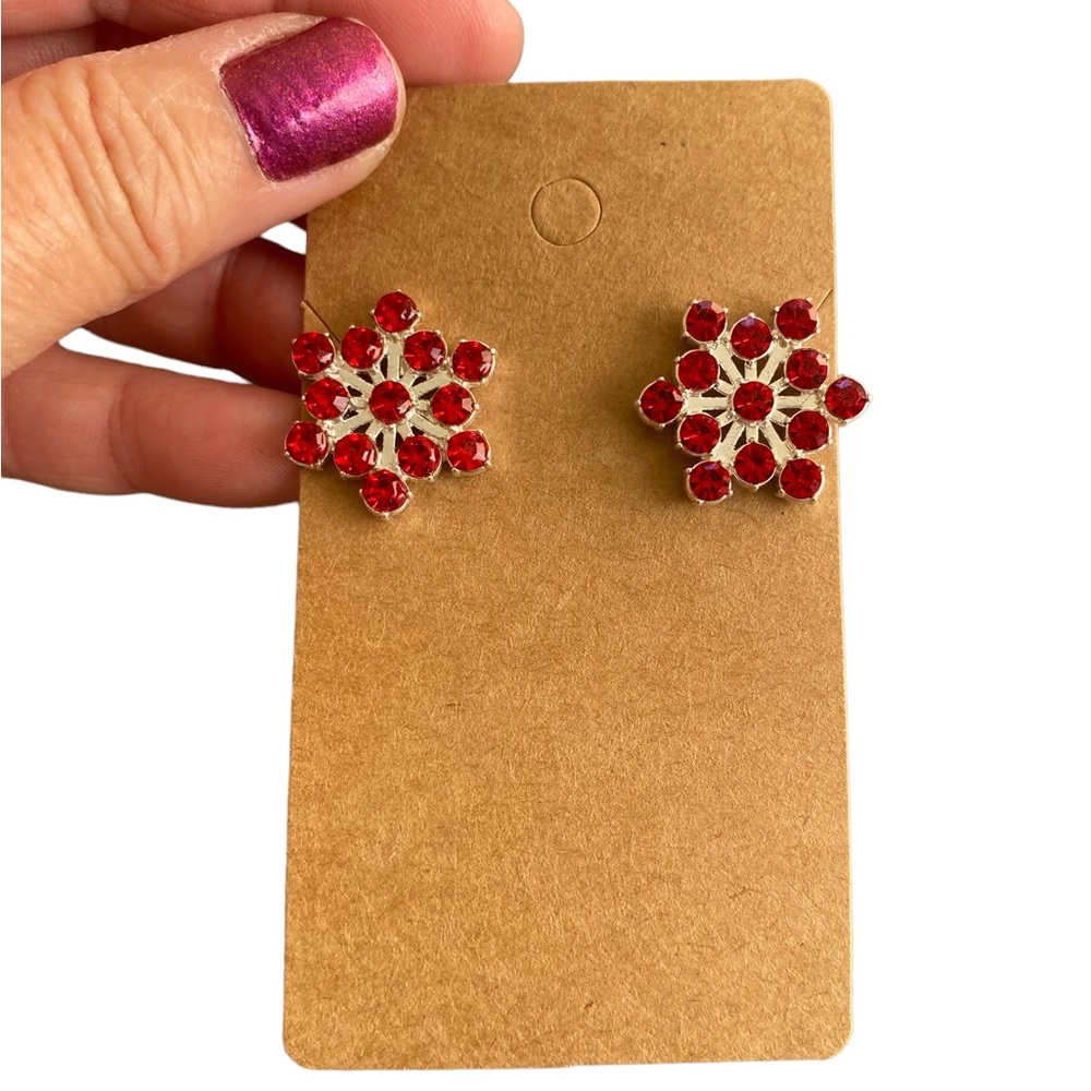 Red Rhinestone and Silver Snowflake Pierced Earrings